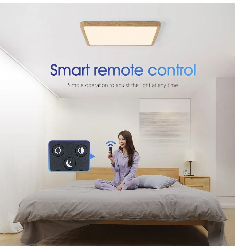 Lámpara de techo LED inteligente MARPOU Tuya con diseño de madera, control por voz mediante aplicación Alexa/Google y mando a distancia. Lámpara de techo cuadrada para salón.