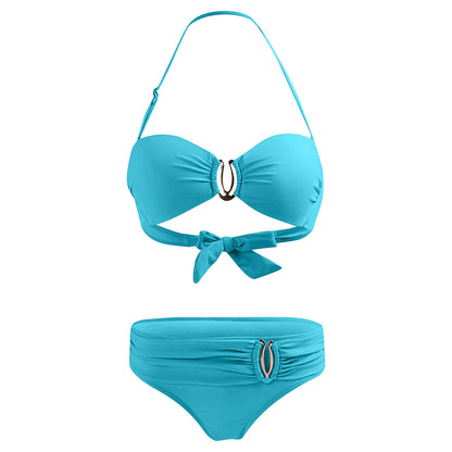 Bikini sexy con aros para mujer, traje de baño blanco liso con cuello halter, microbañador push up de metal, traje de baño brasileño de dos piezas 2023, nuevo