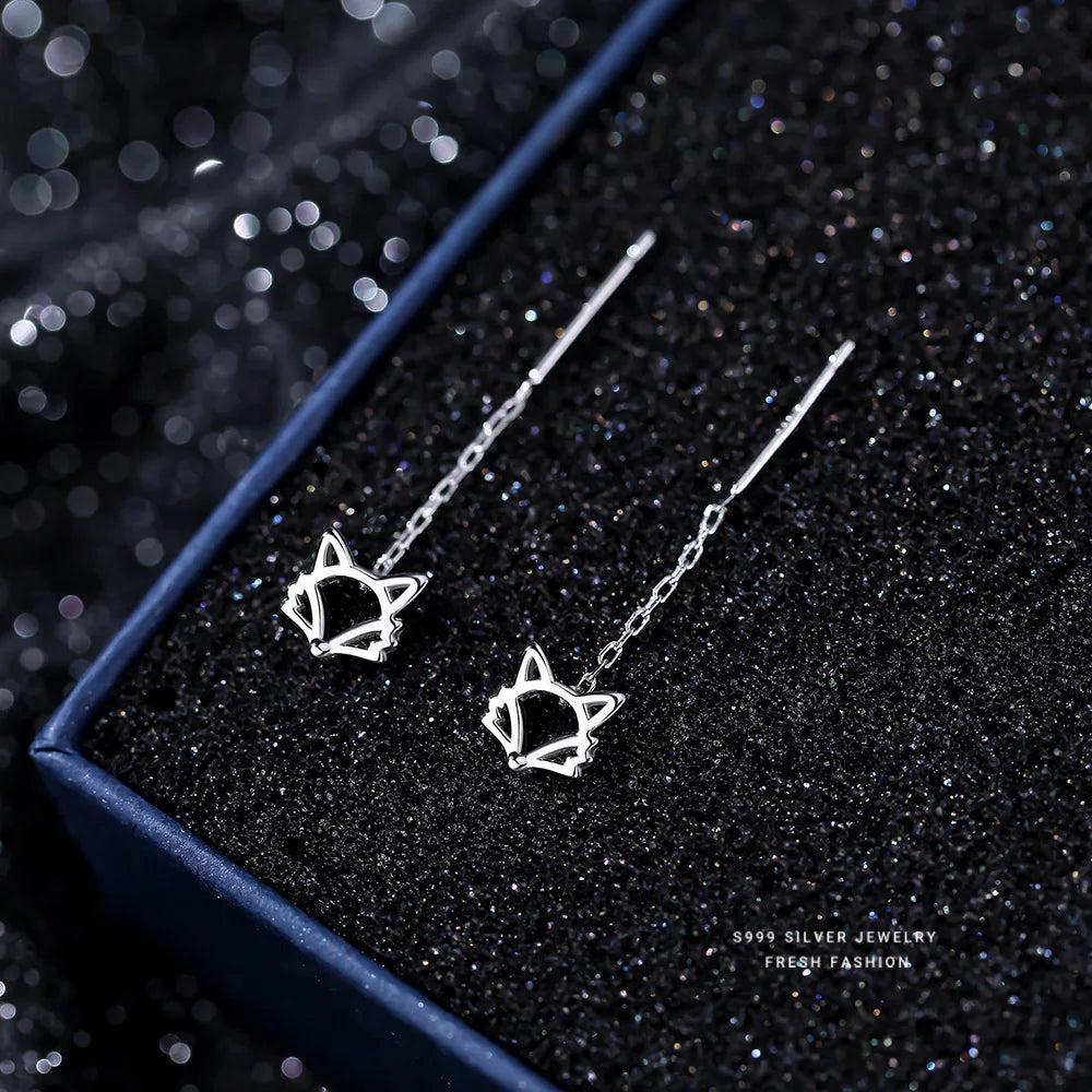 Pendientes colgantes sencillos de plata pura S999 con forma de animal Mori Girls, con borlas de zorro, bonitos y largos, joyería fina
