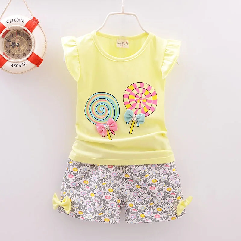 Conjuntos de ropa para niñas pequeñas, camisetas y pantalones cortos, conjuntos de ropa de verano con estampado de piruletas.