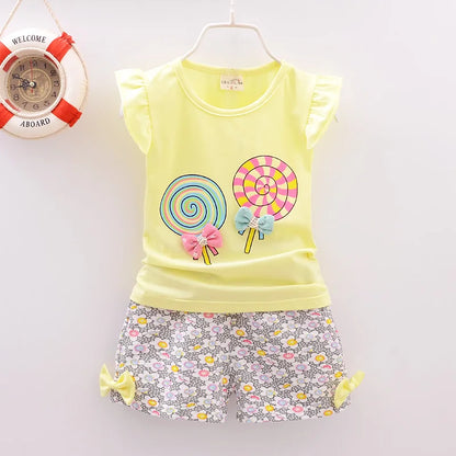 Conjuntos de ropa para niñas pequeñas, camisetas y pantalones cortos, conjuntos de ropa de verano con estampado de piruletas.