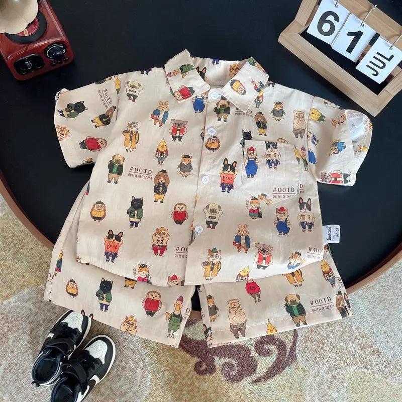 Ropa para niños 2025, nuevo traje de flores de moda para bebé, camisa de manga corta, pantalones cortos, elegante conjunto de dos piezas de pantalones cortos casuales retro.