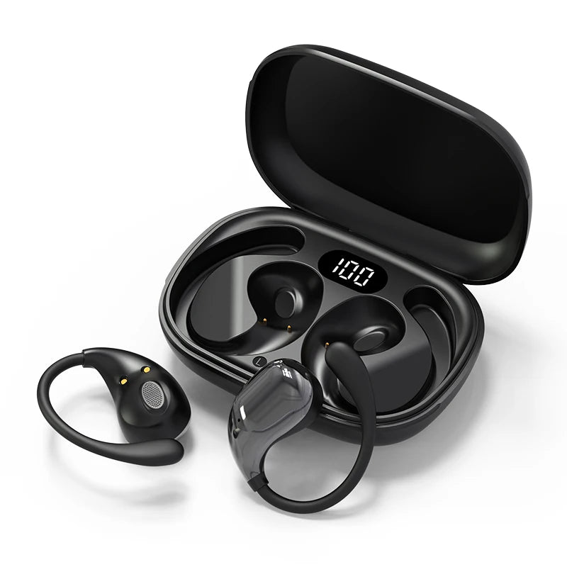 Auriculares inalámbricos Bluetooth 5.4 con gancho para la oreja, TWS, estéreo de alta fidelidad, resistentes al agua, con pantalla LED y modo de espera prolongado.