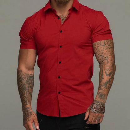 Camisas de vestir ajustadas para hombre, estilo casual de verano, con cuello vuelto, manga corta y botones LXDZ-110