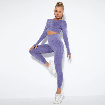 Conjunto de gimnasio con top corto sin costuras para mujer, conjunto de entrenamiento de yoga, ropa deportiva, leggings push up, chándal
