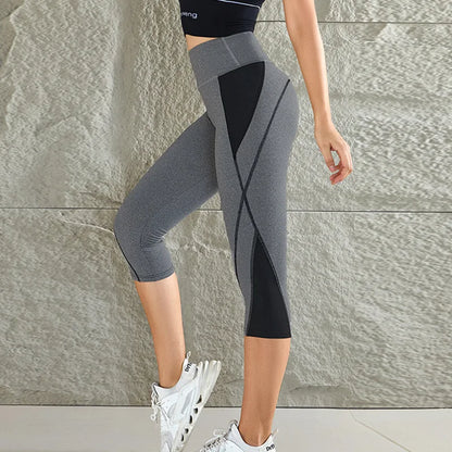 Leggings de yoga con bloques de color para mujer, cintura alta, patchwork, hasta la pantorrilla, pantalones deportivos ajustados y elásticos para correr