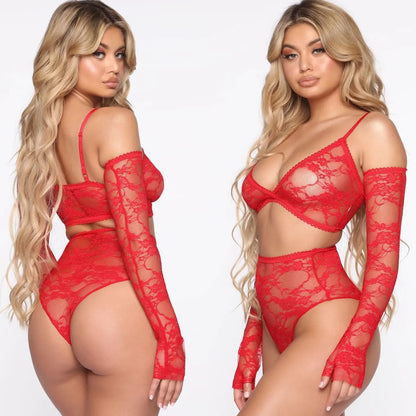 Nuevos conjuntos exóticos sexys de lencería para mujer, 3 piezas de sujetador y braguita, ligas, conjuntos de lencería transparente, disfraces exóticos de encaje, babydolls