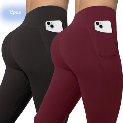 Leggings de yoga para mujer, 2 unidades, con bolsillos, color liso, para gimnasio, actividades al aire libre, cintura alta, ajustados, pantalones deportivos para correr.