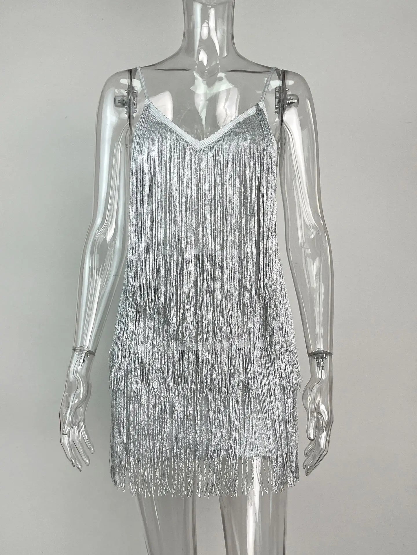 Leosoxs - Vestido mini ajustado con flecos, escote en V profundo, tirantes finos, borlas y espalda descubierta para mujer, estilo Gatsby, para cóctel o fiesta