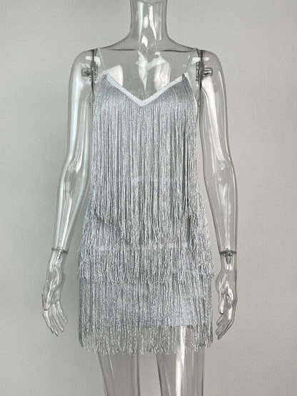 Leosoxs - Vestido mini ajustado con flecos, escote en V profundo, tirantes finos, borlas y espalda descubierta para mujer, estilo Gatsby, para cóctel o fiesta