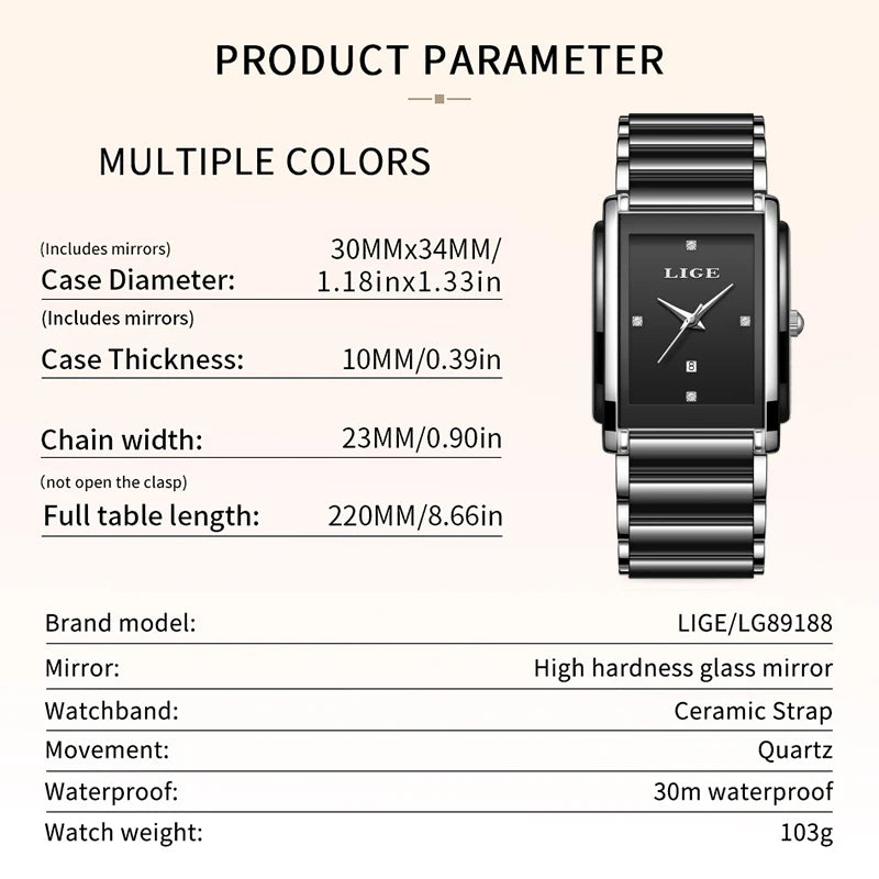 Relojes de mujer LIGE de lujo, elegantes relojes de pulsera de cuarzo de cerámica, impermeables, con fecha, a la moda, regalo para damas, Relojs Mujer + Caja