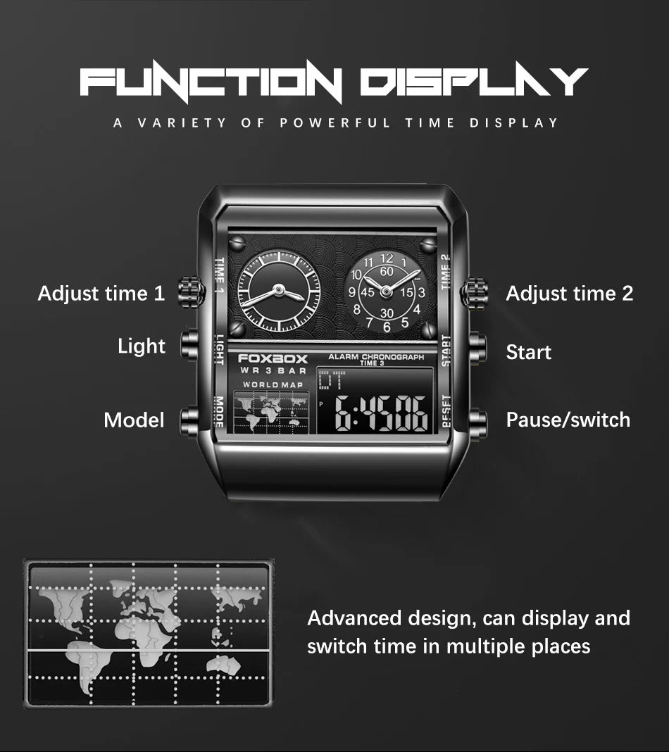 LIGE - Nuevo reloj para hombre, cuadrado, luminoso, deportivo, correa de acero inoxidable, doble pantalla, reloj de pulsera de cuarzo, reloj militar resistente al agua