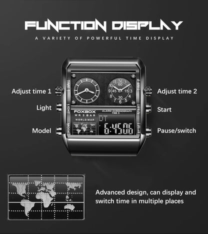 LIGE - Nuevo reloj para hombre, cuadrado, luminoso, deportivo, correa de acero inoxidable, doble pantalla, reloj de pulsera de cuarzo, reloj militar resistente al agua