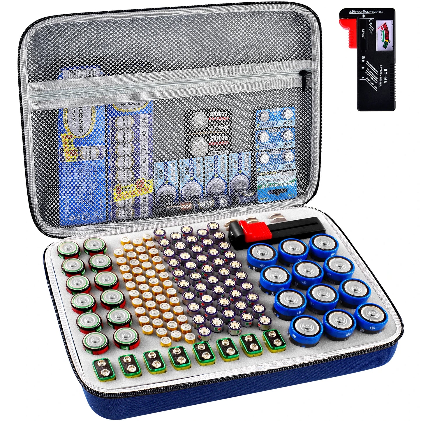 Estuche organizador de baterías, contenedor para guardar baterías con comprobador. Caja organizadora para garaje.