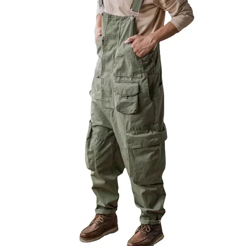 Retro American Cotton Overalls Bibs Loose Washing Jumpsuit Men's Suspenders Four Seasons Full Length Baggy Pants