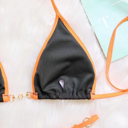 Bikini sexy con cuello halter y perlas para mujer, traje de baño femenino de dos piezas con ribete acanalado