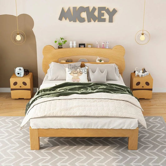 Cama infantil individual de madera maciza con diseño de oso y noche, con almacenamiento y dibujos animados sencillos. Ahora es un niño.
