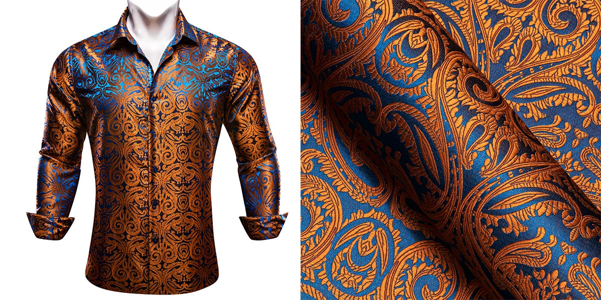 Camisas de seda de diseño para hombre en azul, dorado, verde, rojo, blanco y negro. Estampado cachemir bordado. Corte ajustado. Blusas casuales de manga larga.