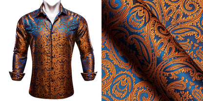 Camisas de seda de diseño para hombre en azul, dorado, verde, rojo, blanco y negro. Estampado cachemir bordado. Corte ajustado. Blusas casuales de manga larga.