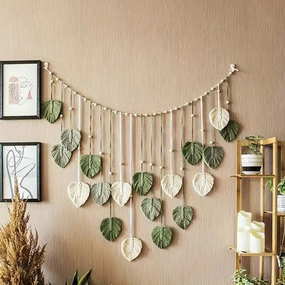 Decoración bohemia para el hogar, tapiz de macramé con hojas y plumas, decoración colgante de pared para sala de estar y dormitorio, arte de pared bohemio para el hogar.