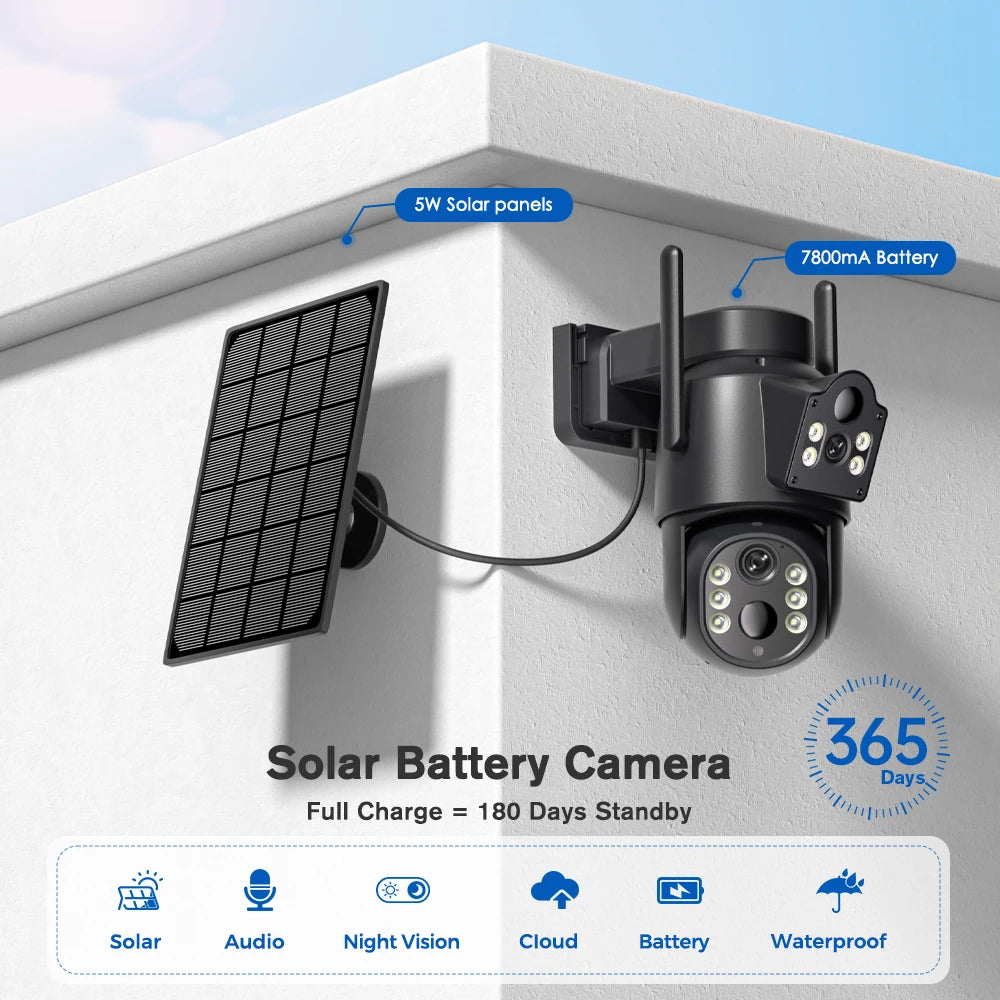 Cámara WiFi solar 4K HD de 8 MP para exteriores con batería integrada, doble lente, cámara de seguridad 2K, panel solar, videovigilancia inalámbrica iCSee