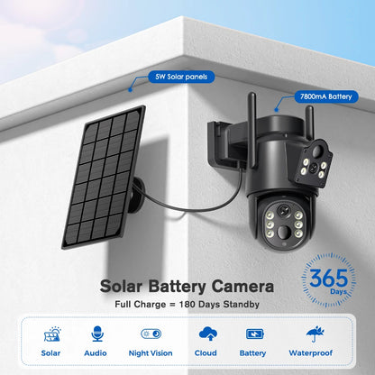 Cámara WiFi solar 4K HD de 8 MP para exteriores con batería integrada, doble lente, cámara de seguridad 2K, panel solar, videovigilancia inalámbrica iCSee