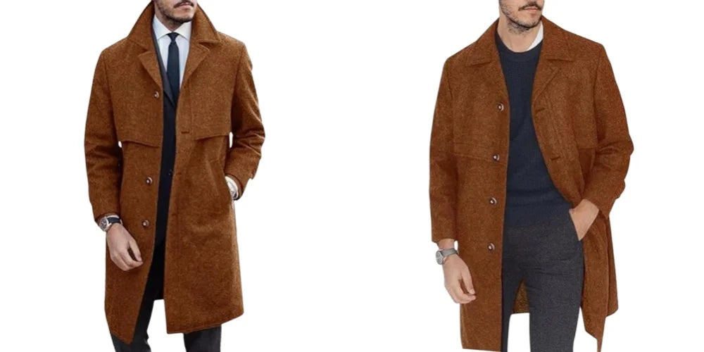 Abrigo de solapa para hombre, traje informal de oficina y urbano, mezcla de lana, para actividades al aire libre, con forro, chaqueta larga, talla europea/estadounidense, de un solo botón.