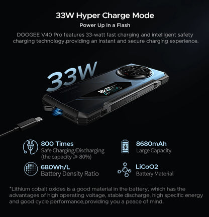 Teléfono robusto DOOGEE V40 Pro 5G versión global, pantalla de 6,78", 16 GB + 512 GB, dimensiones 7300, cámara con IA de 200 MP, 8680 mAh, cargador rápido de 33 W.