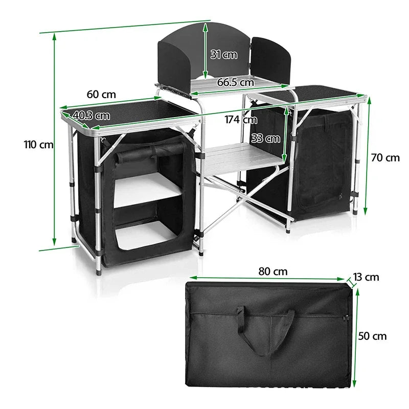 Mesa plegable para acampar al aire libre con gran organizador de almacenamiento, cocina ligera de aluminio para acampar con bolsa de transporte