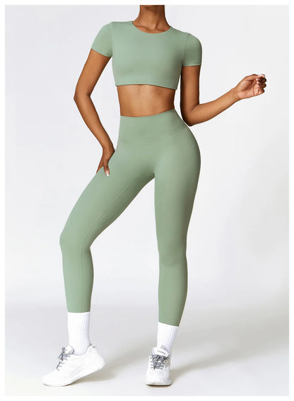 2PCS Seamless Yoga Set Women Workout Set Sportswear Gym Clothing Fitness Long Sleeve Crop Top High Waist Leggings Sports Suits