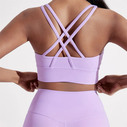 Sujetador deportivo de color sólido con espalda cruzada para mujer, de alta resistencia, ajustado, para entrenamiento integral, ropa interior de yoga y gimnasio con almohadilla para el pecho