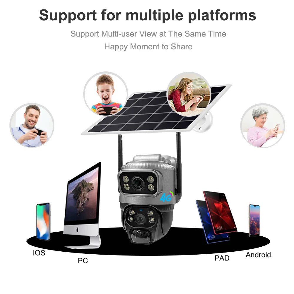 Cámara IP de seguridad V380 de doble lente, 4G, con detección humana PIR solar, visión nocturna, resistente al agua, 8MP, 4K, monitor CCTV con batería