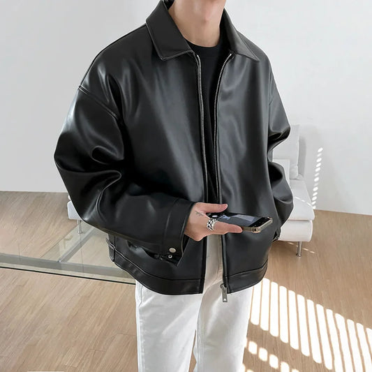 Chaqueta de cuero de PU holgada para hombre, estilo coreano, estilo béisbol, informal, para motocicleta, primavera y otoño, 2023