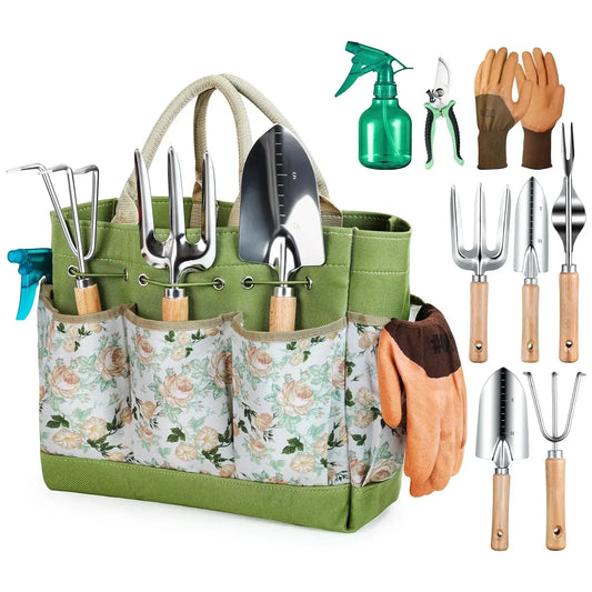 Herramientas de jardinería de 9 piezas, herramientas manuales resistentes para jardinería, bolso organizador duradero, juego de herramientas de jardinería combinadas a prueba de óxido
