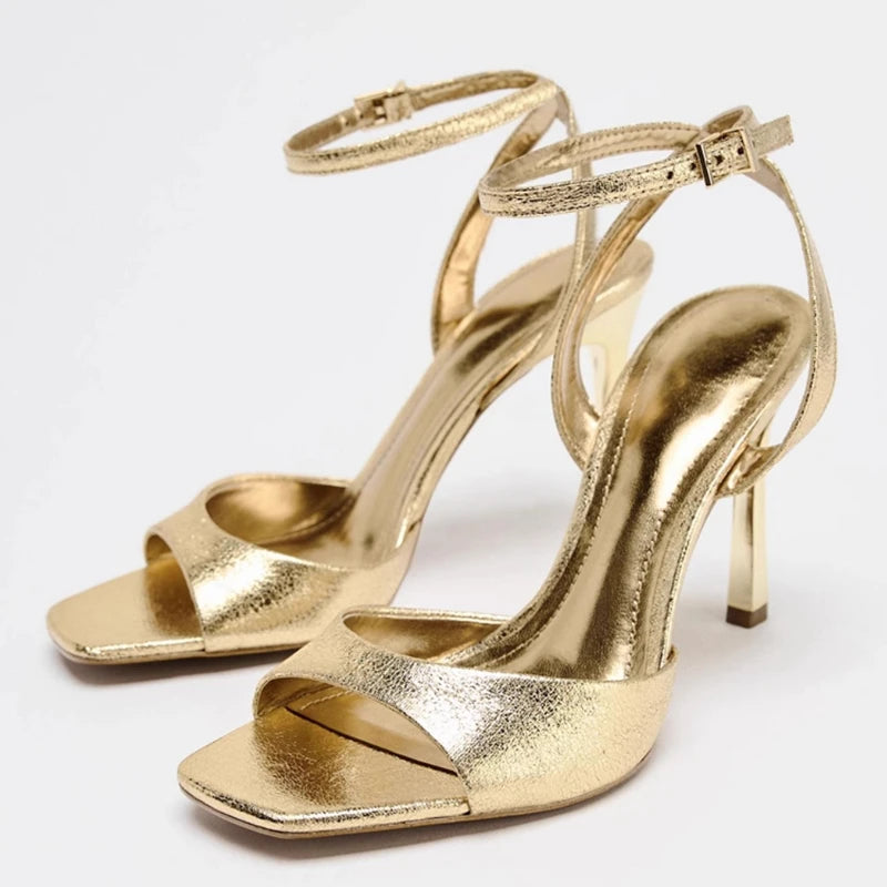 Sandalias de tacón alto con hebilla en el tobillo de charol dorado para mujer, zapatos sexis de punta cuadrada y punta abierta, zapatos de verano a la moda para fiesta y oficina.