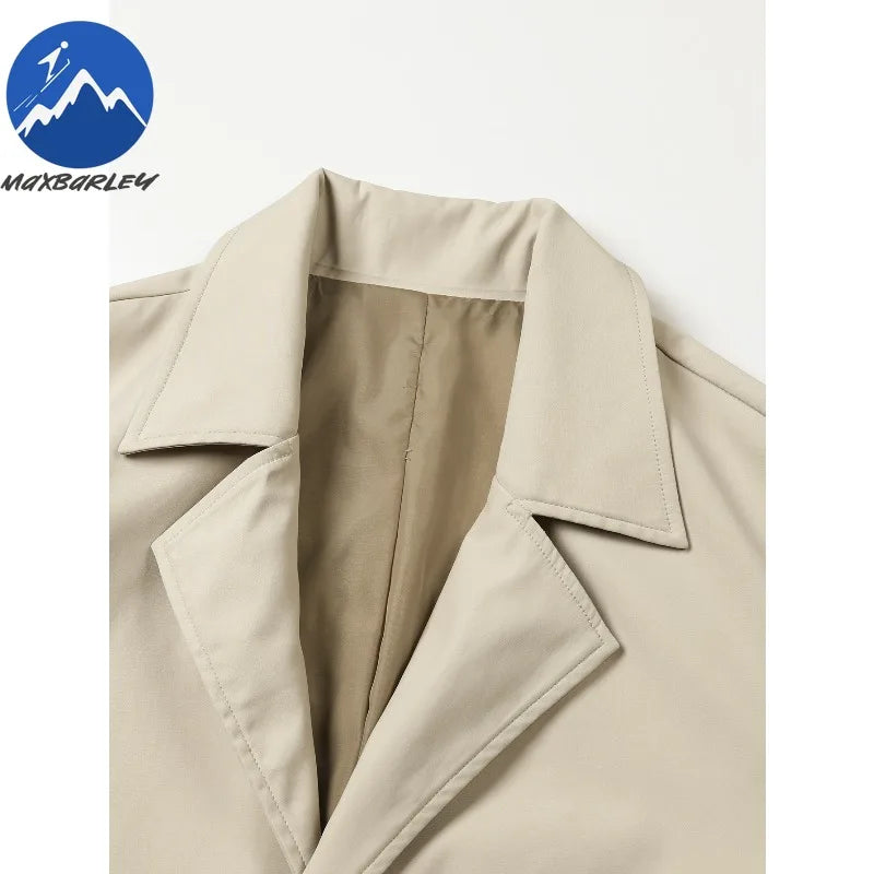 Abrigo largo Maxbarley para hombre, estilo gabardina, marca coreana, color liso, con cinturón, colección otoño 2025. Nuevo diseño de chaqueta cortavientos de un solo botón.