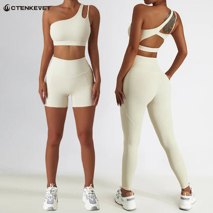 Ctenkevet - Conjunto deportivo de 2 piezas para mujer, sujetador sexy de un solo hombro, ropa deportiva femenina, conjunto de gimnasio para fitness, traje de yoga de secado rápido