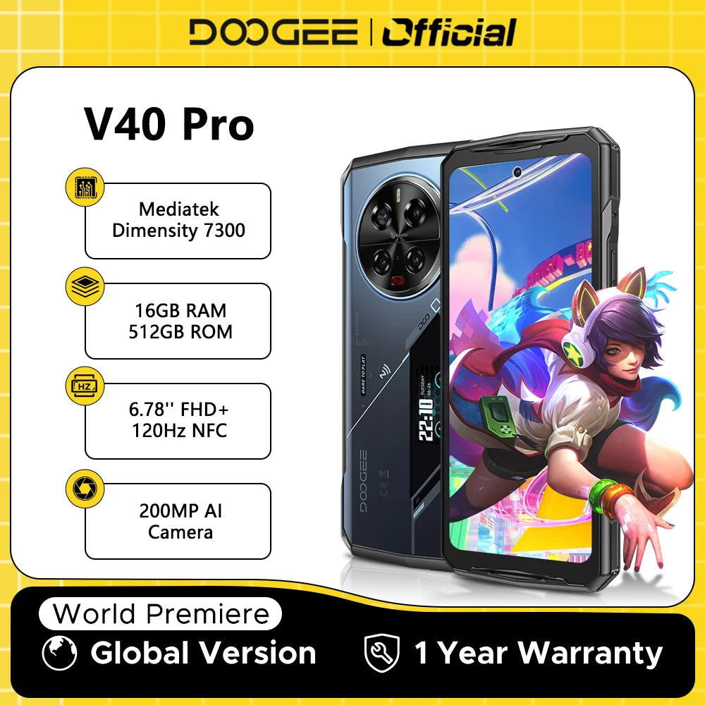 Teléfono robusto DOOGEE V40 Pro 5G versión global, pantalla de 6,78", 16 GB + 512 GB, dimensiones 7300, cámara con IA de 200 MP, 8680 mAh, cargador rápido de 33 W.