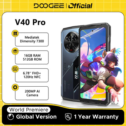 Teléfono robusto DOOGEE V40 Pro 5G versión global, pantalla de 6,78", 16 GB + 512 GB, dimensiones 7300, cámara con IA de 200 MP, 8680 mAh, cargador rápido de 33 W.