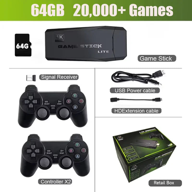 Consola de juegos retro con controladores duales inalámbricos de 2,4 G, 20 000 juegos precargados, 32/64 GB, compatibilidad con TV 4K para juegos.