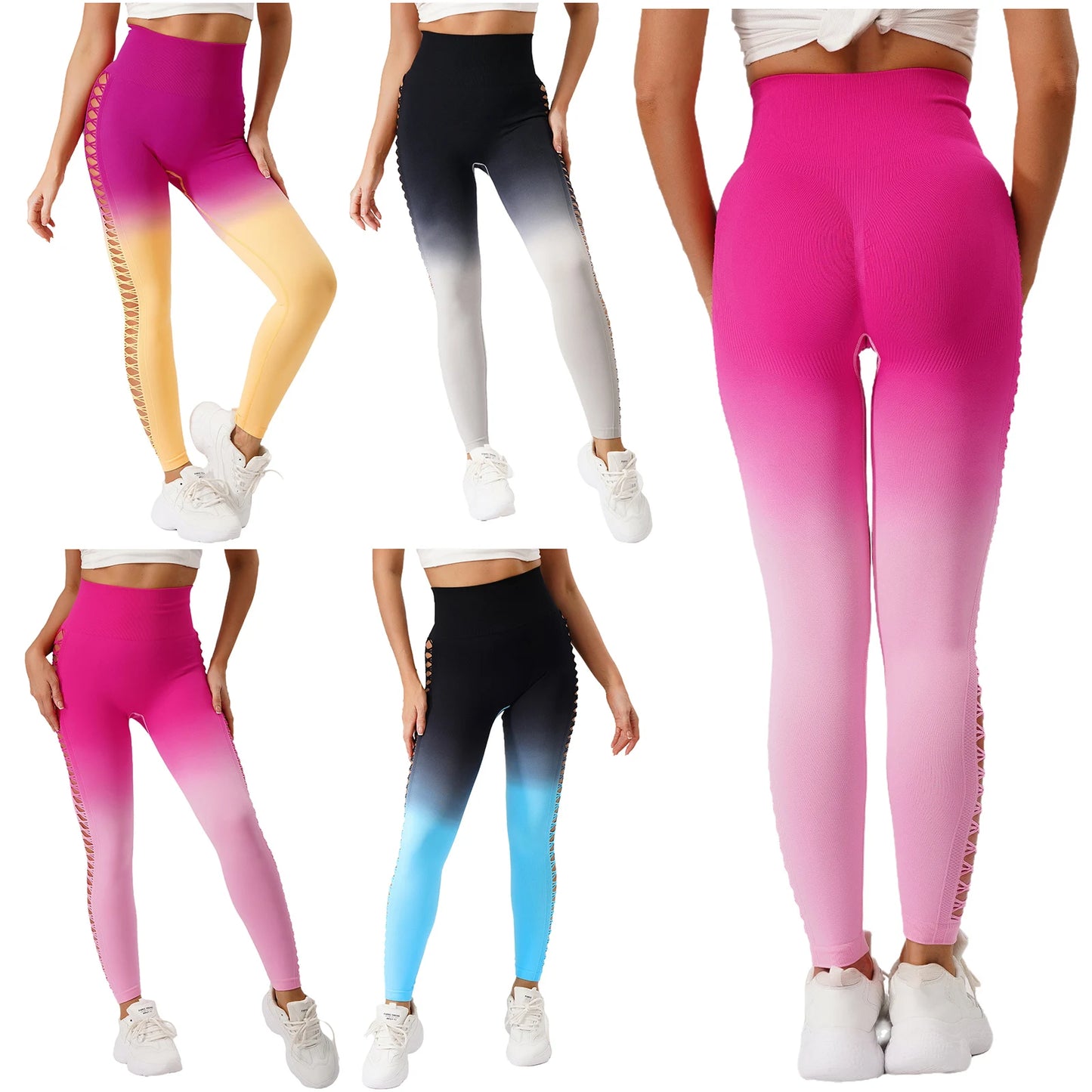 Womens Hip Tight Yoga Pants High Waist Side Hollowed-Out Mesh Design Exercise Yoga Leggings Running Gym Fitness