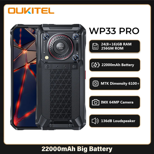 Smartphone resistente Oukitel WP33 Pro 5G, batería de 22000 mAh, pantalla FHD+ de 6,6", 24 GB de almacenamiento (opcional), cámara de 64 MP, 33 W de potencia.