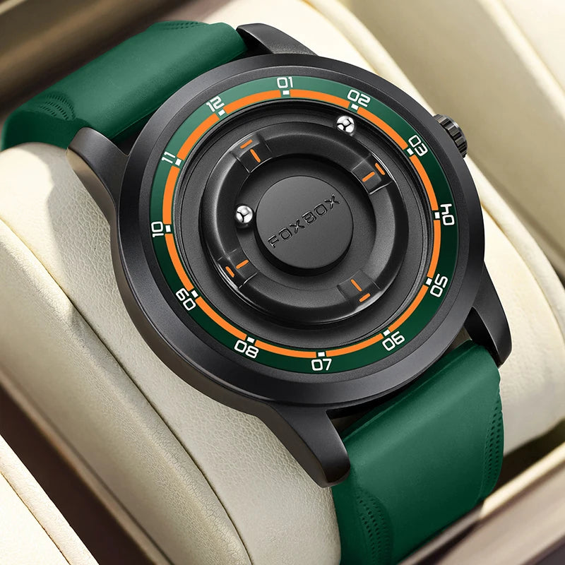 Reloj de pulsera de cuarzo para hombre FOXBOX Fashion, verde, de silicona, resistente al agua, con puntero deslizante y fuerza magnética, para deportes al aire libre.