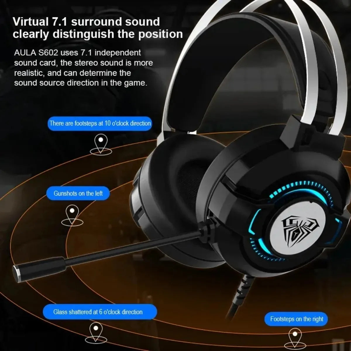 Auriculares para juegos AULA S602 con micrófono, sonido envolvente virtual, graves, luz RGB, cancelación de ruido, auriculares con cable y accesorios para juegos