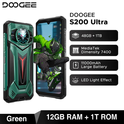 Teléfono resistente DOOGEE S200 Ultra 5G con IA, 48 GB + 1 TB, pantalla trasera de 1,34" con efecto de luz, procesador Dimensity 7400, batería de 11000 mAh, carga rápida de 66 W, NFC, WiFi 6E.