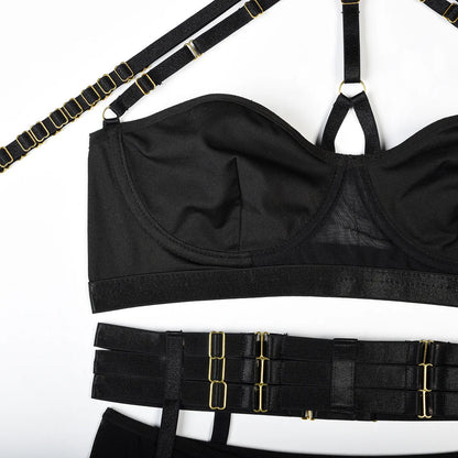 Conjunto de lencería sexy para mujer, con panel de encaje, escote en V profundo, glúteos abiertos, tirantes con forma de corazón de melocotón, cadena cruzada, liguero, ropa interior de tres piezas