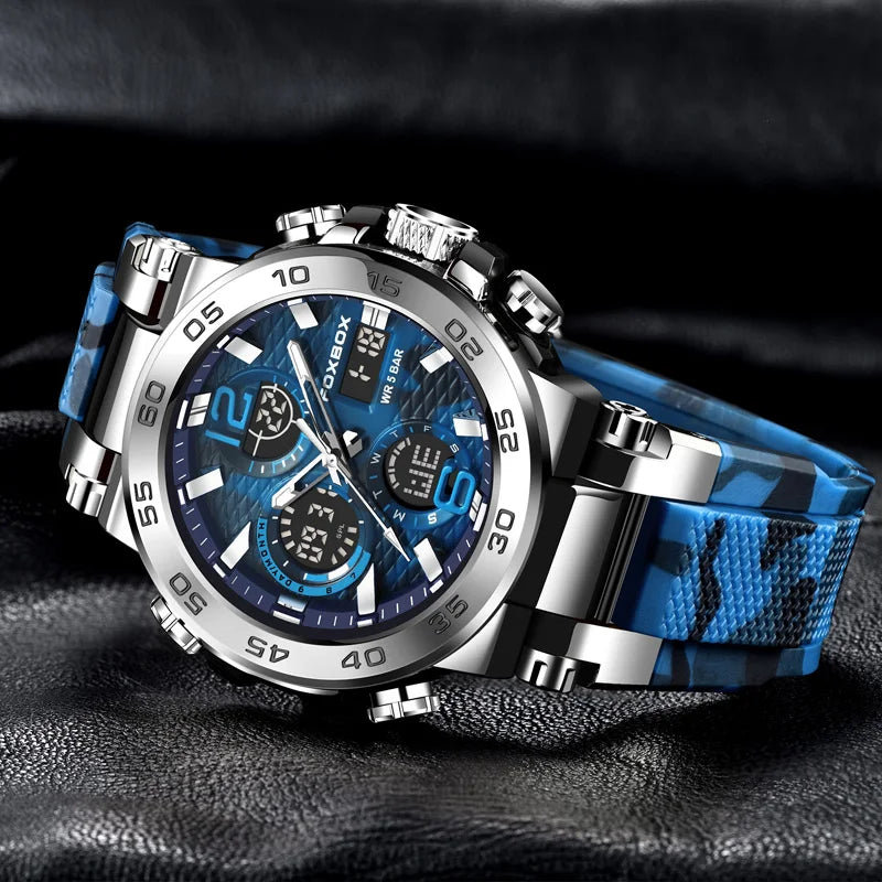 FOXBOX Reloj digital a prueba de golpes para hombre, estilo militar, camuflaje, resistente al agua hasta 5 ATM, relojes electrónicos a prueba de golpes, estilo táctico.