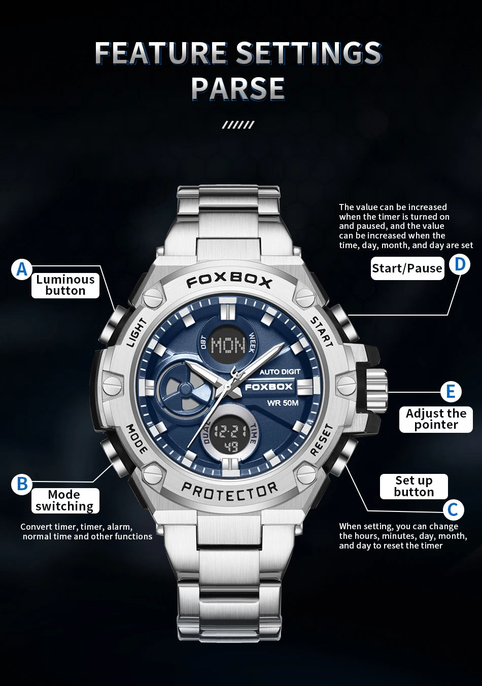 FOXBOX Relojes deportivos de lujo para hombre, reloj de pulsera de cuarzo de lujo, acero, resistente al agua, doble pantalla, relojes militares para hombre, reloj hommes
