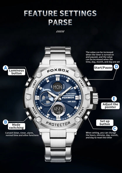 FOXBOX Relojes deportivos de lujo para hombre, reloj de pulsera de cuarzo de lujo, acero, resistente al agua, doble pantalla, relojes militares para hombre, reloj hommes