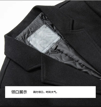 Black Men Wool Long Trench Coat Stylish Single Breasted Quilted Lined Wool Blend Pea Coats Men Winter Cashmere Coat Windbreaker